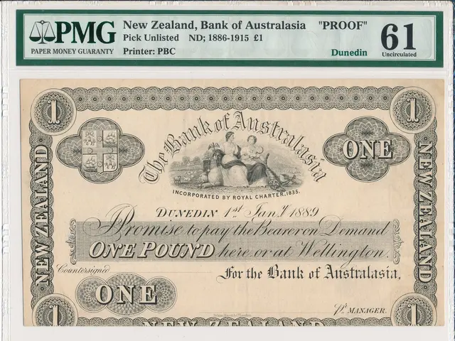 The image shows a New Zealand Bank of Australia one pound note from 1866-1915 with a PMG 61 EPQ Gem...