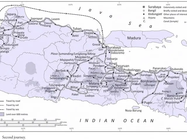 The image shows a poster of a map of the Indian Ocean, with text and numbers indicating the route...