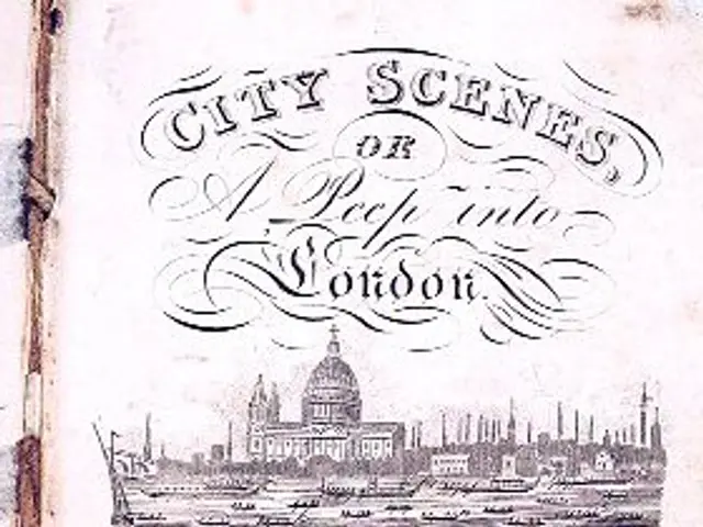 The image shows an old book with a drawing of a cityscape on it, titled "City Scenes or a Peep into...