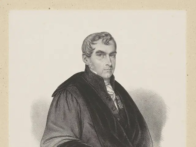 The image shows a black and white engraving of a man in a black robe, believed to be George Ford,...