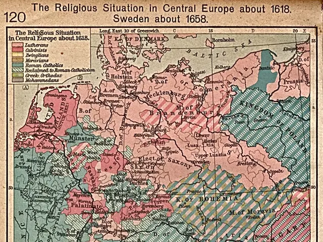 The image shows a poster with a map of Central Europe from 1618, depicting the religious situation...