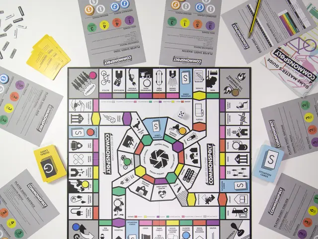 The image shows a Monopoly board game on a table with a variety of cards, papers, and a pencil...