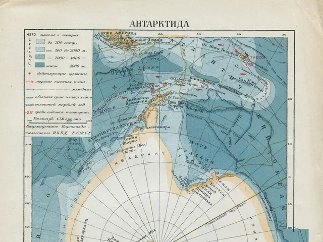The image shows an old map of the Arctic with a compass on it. The paper has text written on it,...