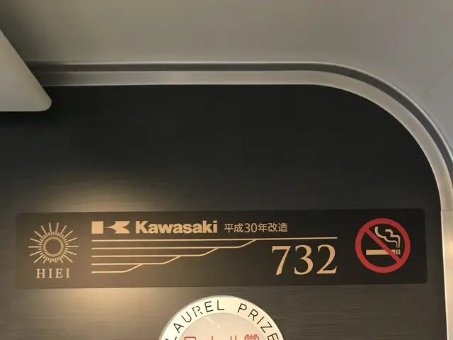 The image shows a wall with a sign on it that reads "Kawasaki 732" and a glass window on the right...