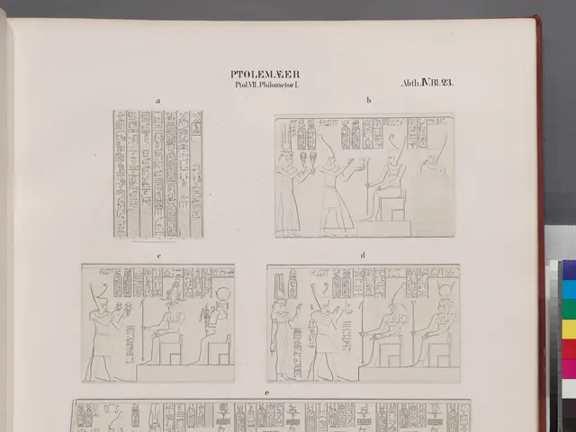 The image shows an open book with a drawing of Egyptian hieroglyphics on it, placed on a surface....