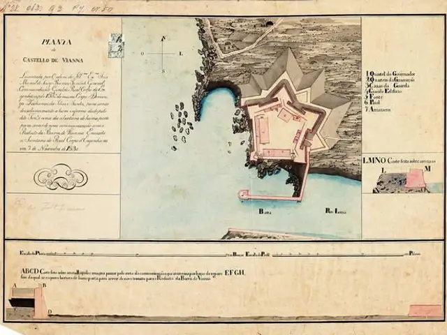 The image shows an old map of the city of San Juan, Puerto Rico, with a building in the center and...