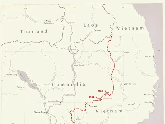 The image shows a poster with a map of Cambodia and Vietnam, with text detailing the boundary of...