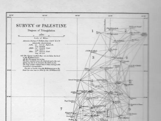 The image shows a black and white survey of Palestine, with a paper containing numbers and text.