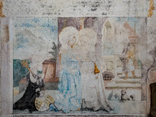 The image shows a fresco on the wall of a building in Venice, Italy. It depicts a painting of a...