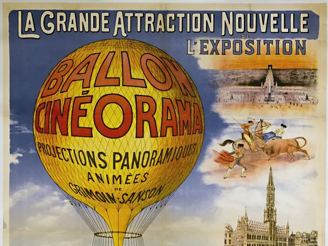 The image shows a poster advertising a balloon cinema in Paris, France. It features pictures of...