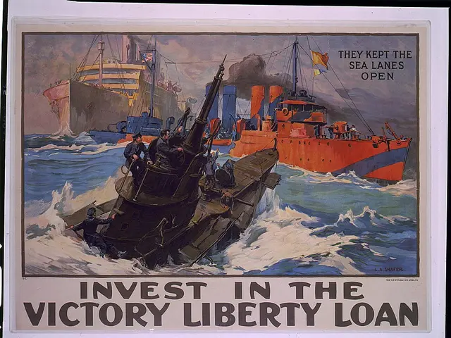 The image shows a poster with a few boats on the water and a few people on board. The text on the...