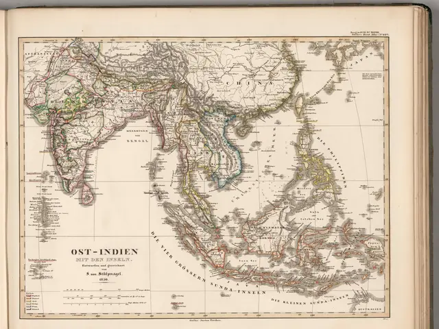 The image shows an open book with a map of Southeast Asia on it. The map is detailed and shows the...