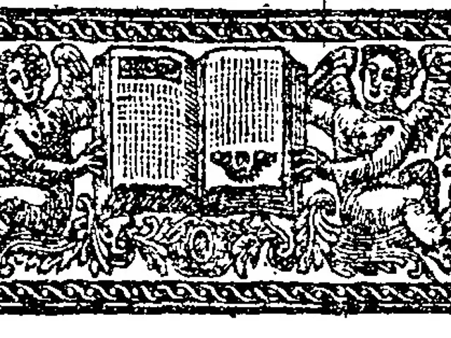 The image shows a black and white drawing of a book with a floral design on it, which is believed...