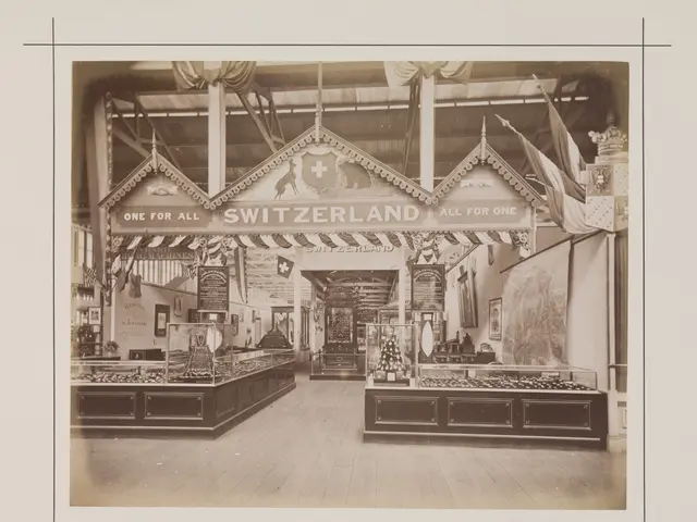 The image shows an old black and white photo of a store with a sign that reads "Switzerland"....