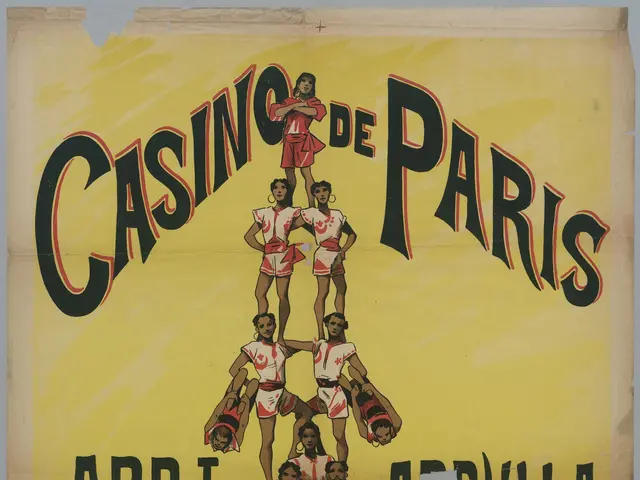 The image shows a poster advertising a casino in Paris, France. It features a group of people in...
