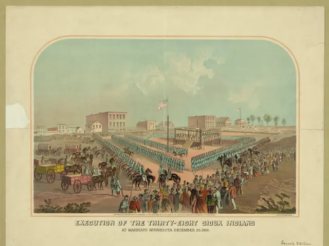 The image shows a poster depicting the execution of the thirty-eight Sioux Indians at Mankato,...