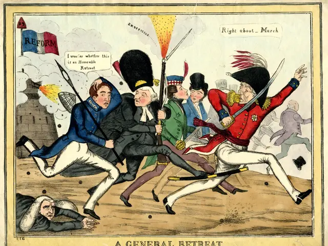 The image shows a cartoon depicting a general retreat, with people running and holding weapons in...