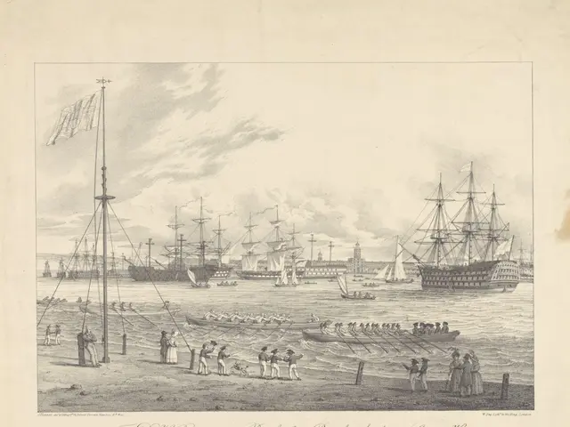 The image shows a drawing of a group of boats in the water, with people standing on the shore,...