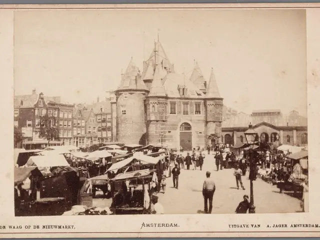 The image shows an old black and white photo of a bustling market in Amsterdam, with people walking...