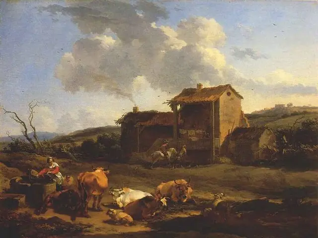 The image shows a painting of a farm scene with cows and a man in a field, surrounded by huts,...