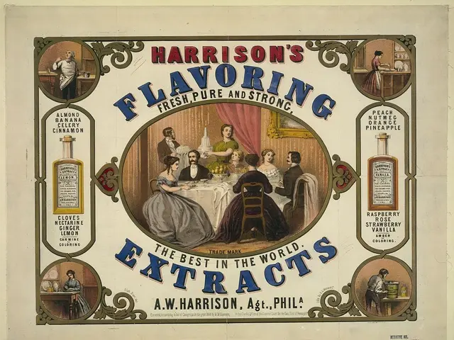 The image shows a poster of Harrison's Flavoring Extracts, the best in the world. It features a...