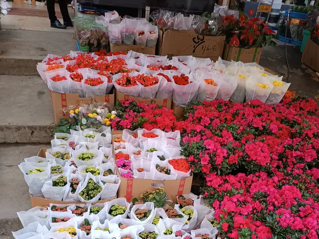 The image shows a bustling flower market in Barcelona, Spain, with a variety of colorful flowers...