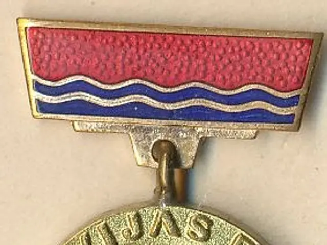The image shows a gold medal with a red, white and blue ribbon around it, depicting a person in the...