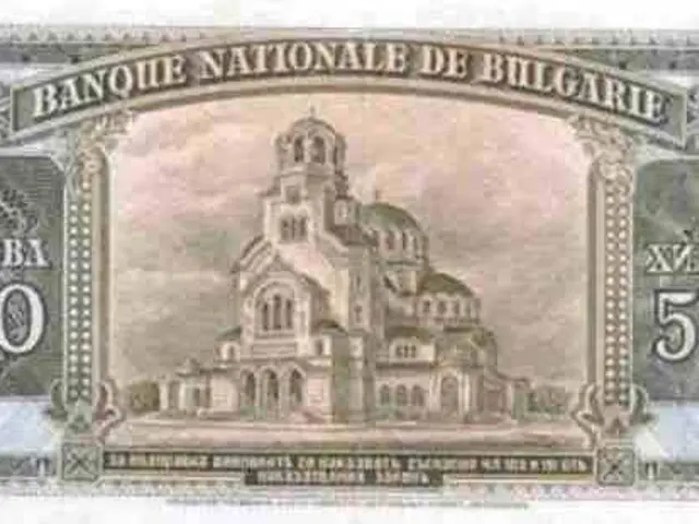 The image shows a Bulgarian 5000 Rubles banknote with a picture of a church on it. The denomination...