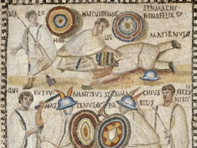 The image shows a Roman mosaic depicting a group of men playing a game, with some of them holding...