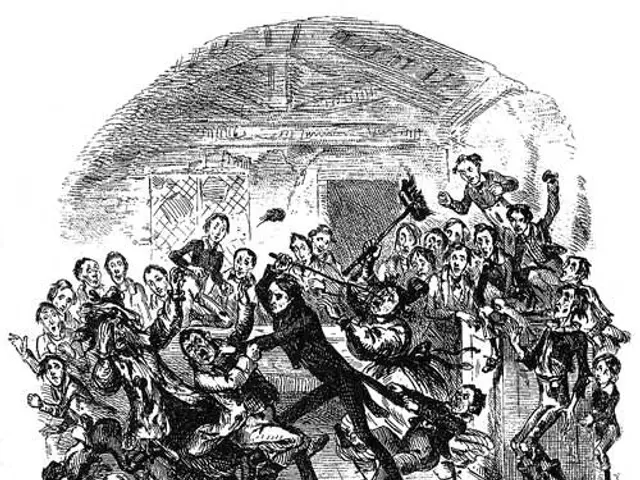 The image shows a black and white drawing of a group of people in a room, with a wall in the...