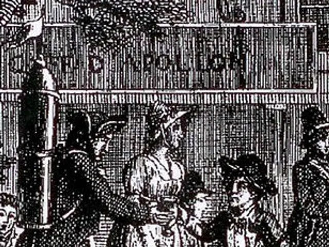 The image shows a black and white drawing of a group of people walking down a street, with a...