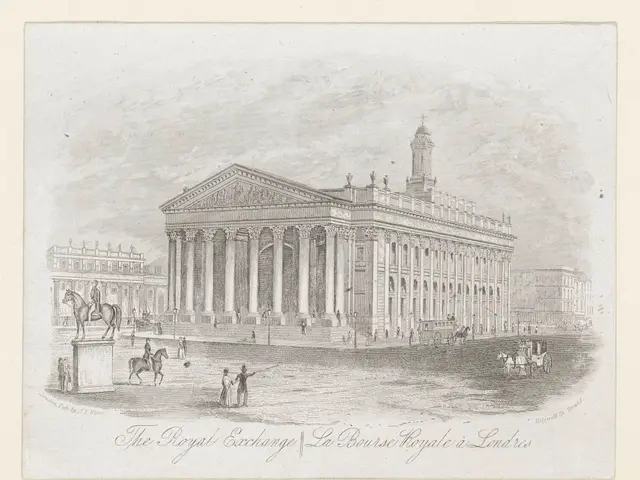 The image shows a drawing of the Royal Exchange in London, with a few people, horses, carts, and...