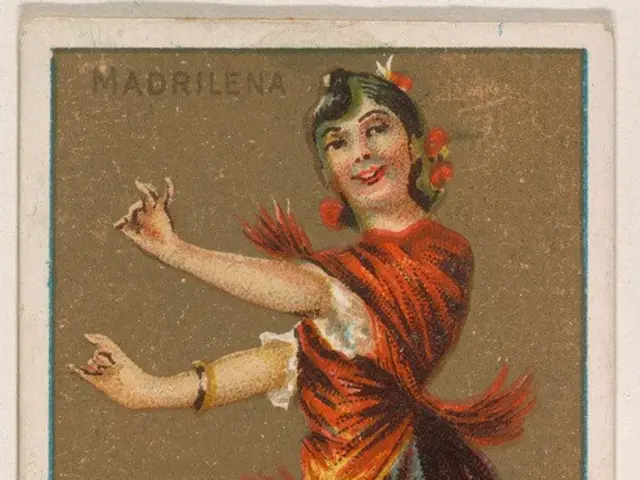 The image shows an old cigarette card with a woman in a colorful dress dancing. Her face is clearly...