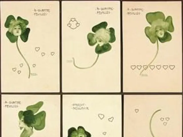 The image shows a set of six vintage St. Patrick's Day cards featuring four-leaf clovers and...