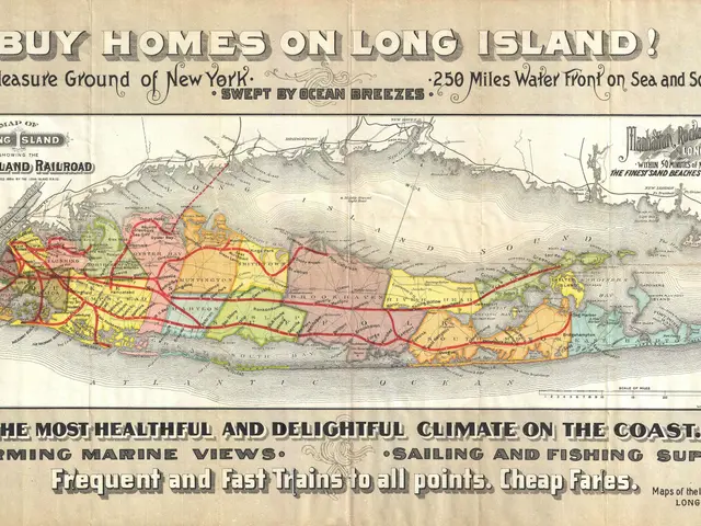 The image shows a poster with a map of Long Island, New York, with the words "Buy Homes on Long...