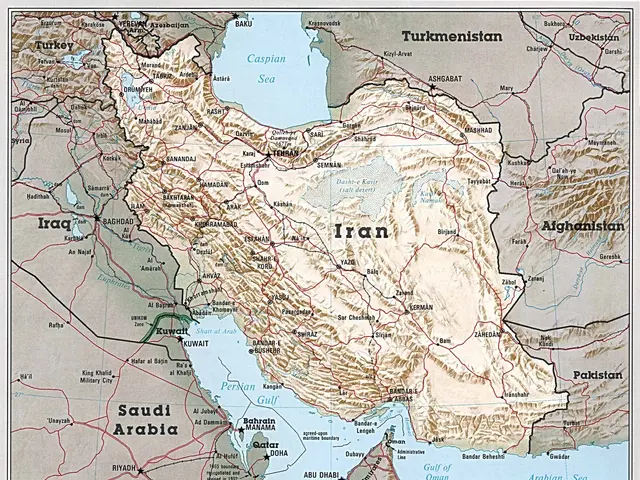 The image shows a large detailed political map of Iran, with text and numbers at the bottom. It is...
