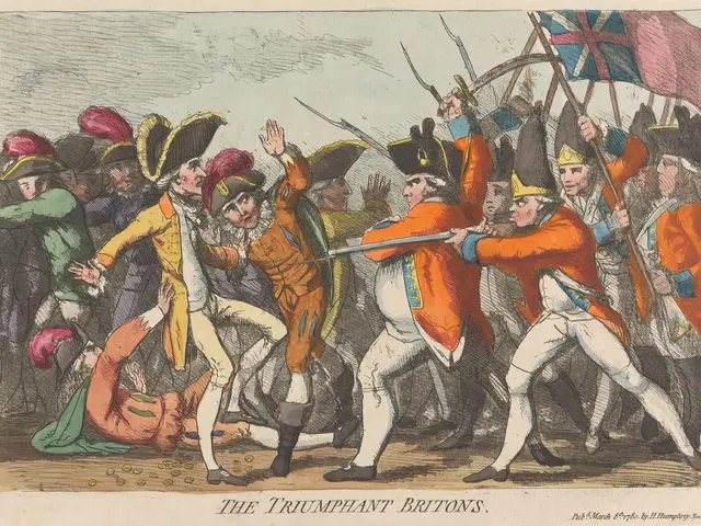 The image shows a poster depicting the triumph of the British troops during the Battle of Waterloo....