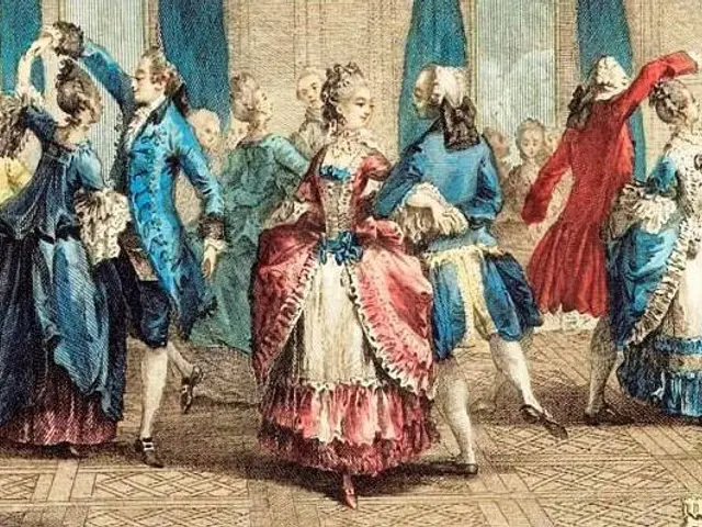 The image shows a group of people in colorful dresses dancing in a ballroom, with a wall and...