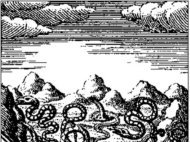 The image shows a black and white drawing of a mountain landscape with a river winding through it,...