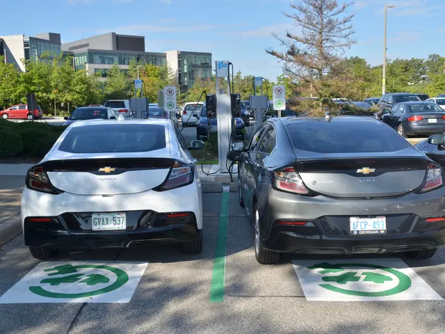 The image shows two electric cars parked in a parking lot next to each other, surrounded by trees,...
