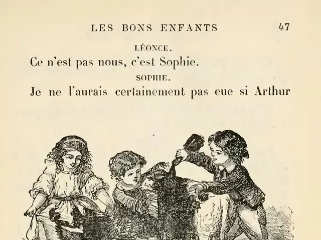 The image shows an old book with a drawing of three children playing with a dog. The paper has...