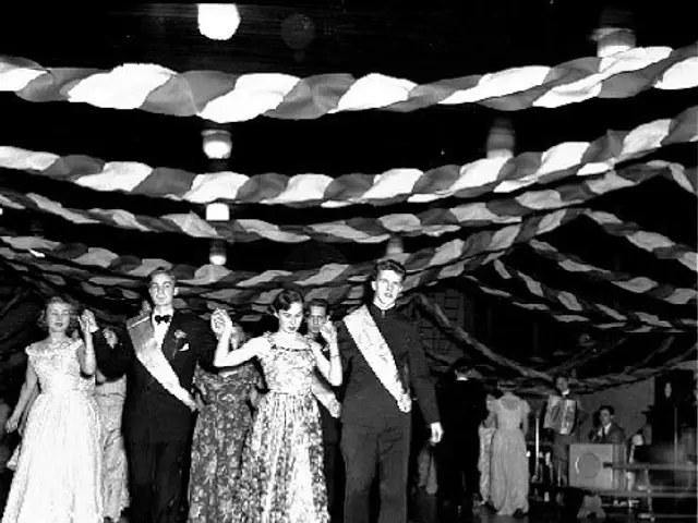 The image shows a group of people dancing on a dance floor, illuminated by lights and decorated...