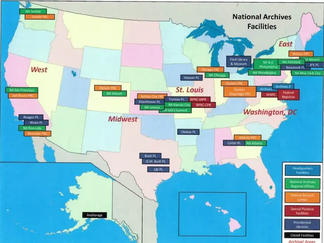 The image shows a poster of a map of the United States with the locations of the National Archives...