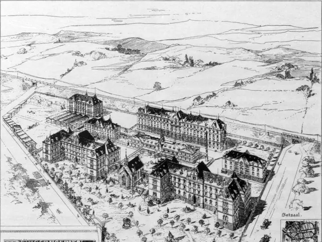 The image shows an old map of a city with a lot of buildings, trees, and text. The buildings are...