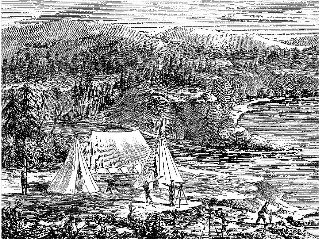 The image shows a black and white drawing of a group of people standing in front of a river,...