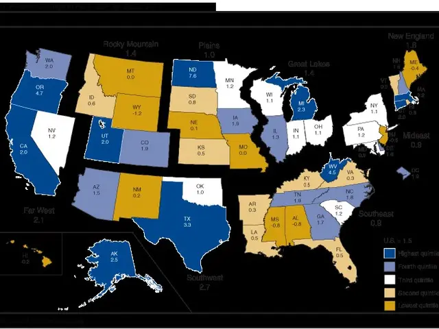 The image shows a map of the United States with different colors representing the percentage change...