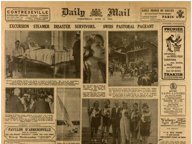 The image shows an old newspaper with a variety of pictures and text on it. The newspaper appears...