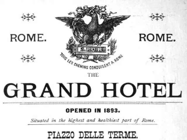 The image shows an advertisement for the Grand Hotel in Rome, Italy, featuring a poster with text...