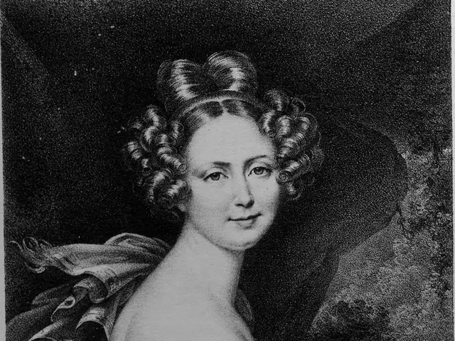 The image shows a black and white photo of a woman in a dress, with a dark background. At the...