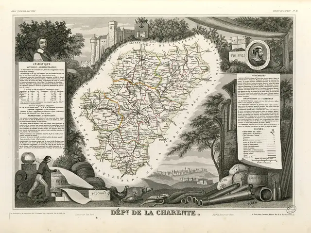 The image shows an old book with a map of France on it. The map is surrounded by trees, buildings,...